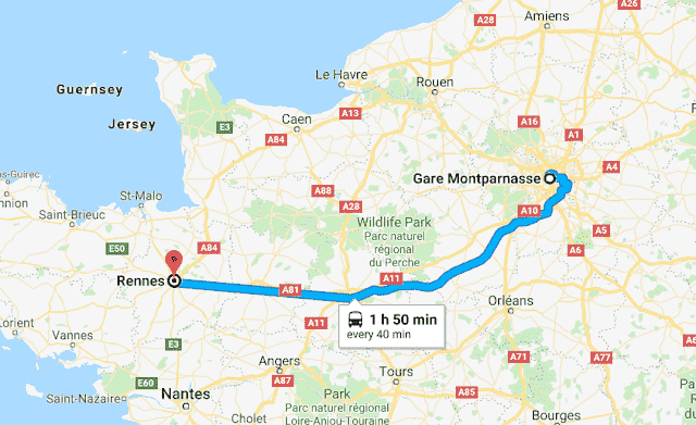 Mapa da viagem de trem de Rennes a Paris