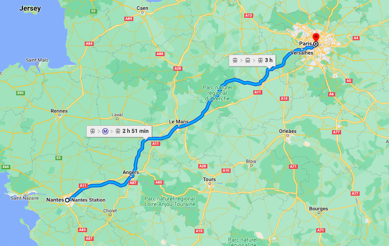 Mapa da viagem de trem de Nantes a Paris