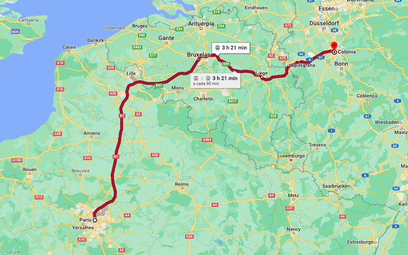 Mapa da viagem de trem de Paris a Colônia