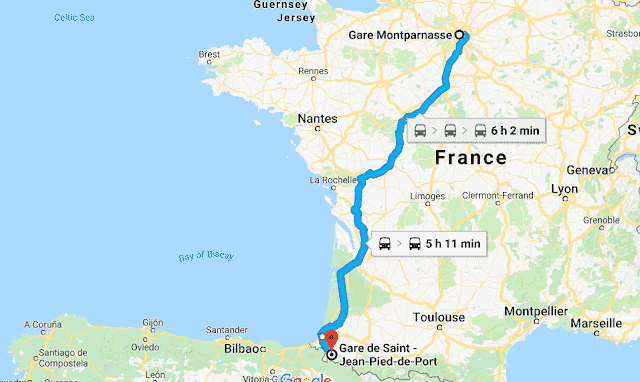 Mapa da viagem de trem de Paris a Saint Jean Pied De Port