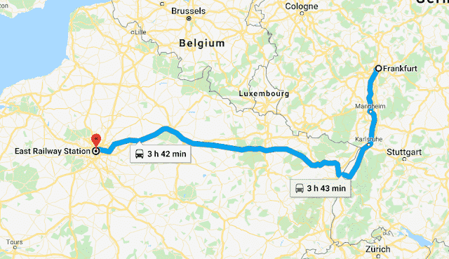 Mapa da viagem de trem de Paris a Frankfurt