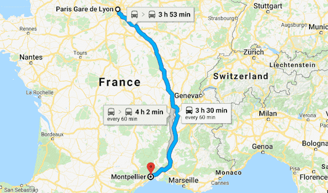 Mapa da viagem de trem de Montpellier a Paris