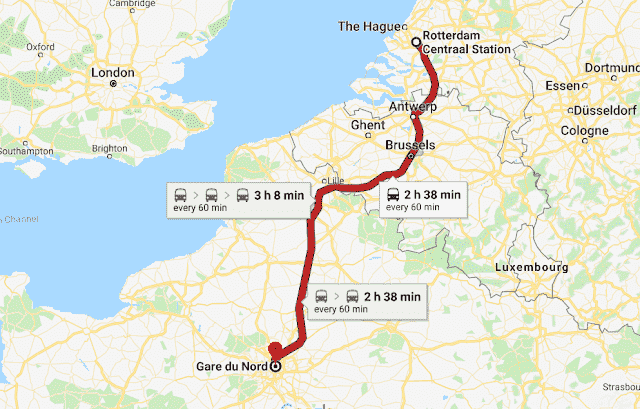 Mapa da viagem de trem de Paris a Roterdã