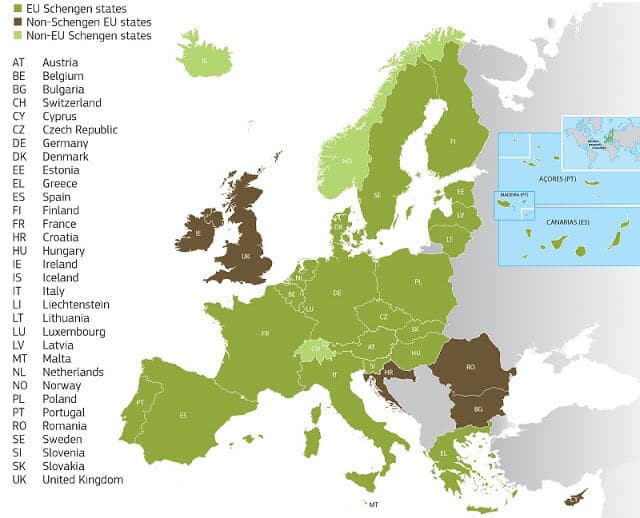 Mapa dos países que fazem parte do espaço Schengen