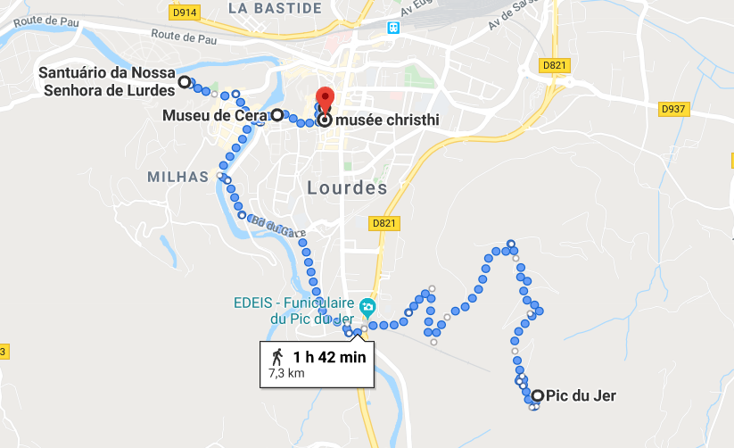 Mapa do roteiro de um dia em Lourdes