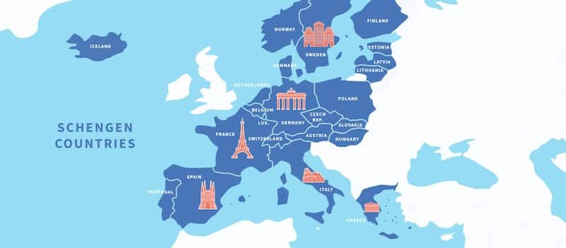 Mapa com os países do Tratado de Schengen