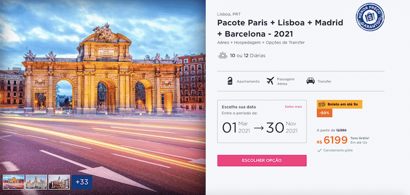 Pacote Hurb para Paris, Lisboa, Madrid e Barcelona