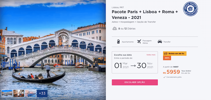 Pacote Hurb para Paris, Lisboa, Roma e Veneza