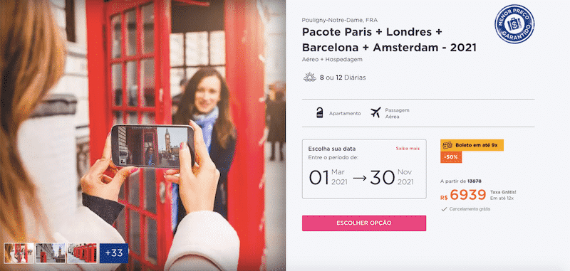 Pacote Hurb para Paris, Londres, Barcelona e Amsterdam