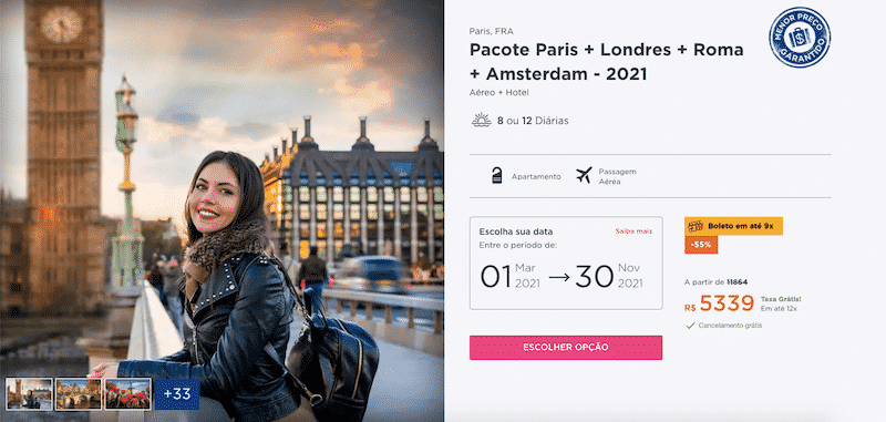 Pacote Hurb para Paris, Londres, Roma e Amsterdam