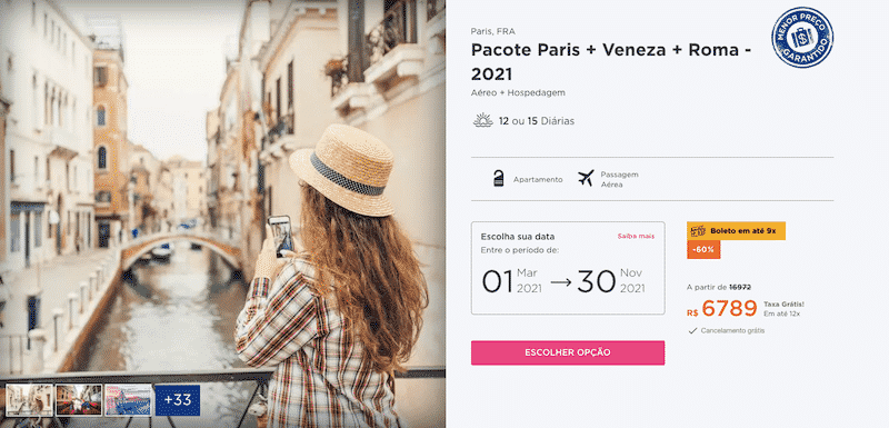 Pacote Hurb para Paris, Veneza e Roma