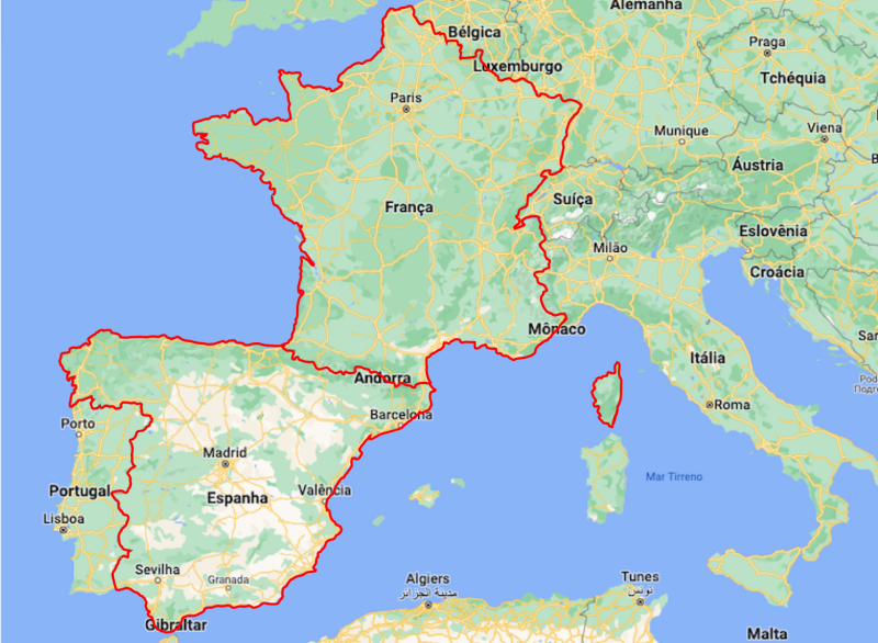Mapa da França e Espanha