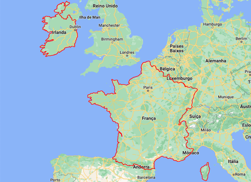 Mapa da França e Irlanda