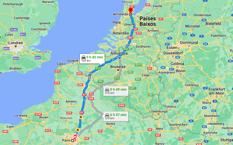 Mapa da viagem de carro de Paris a Amsterdã
