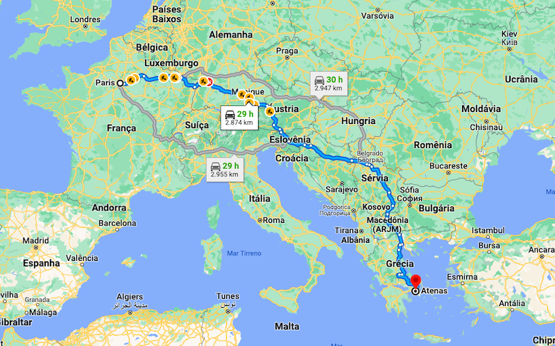Mapa da viagem de carro de Paris a Atenas