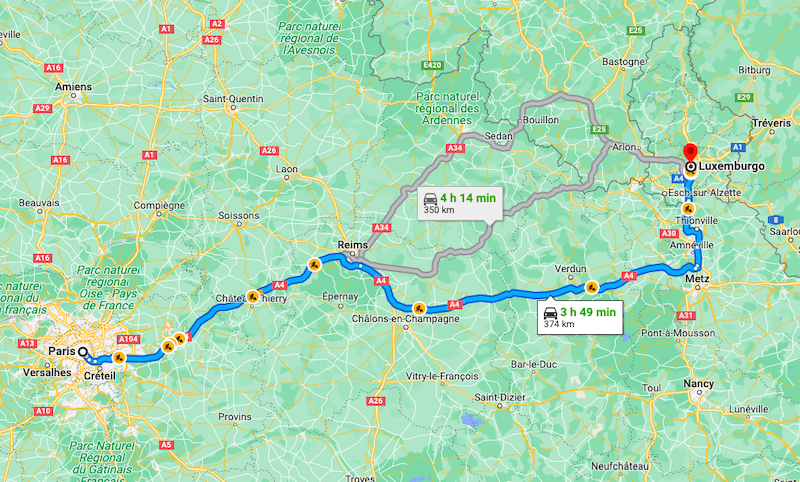 Mapa da viagem de carro de Paris à cidade de Luxemburgo