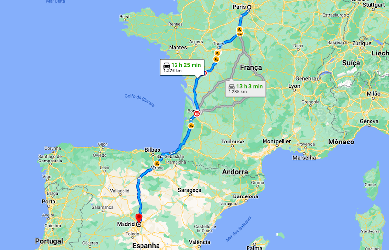 Mapa da viagem de carro de Paris a Madri