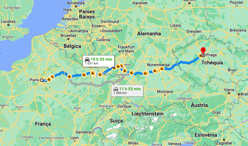 Mapa da viagem de carro de Paris a Praga