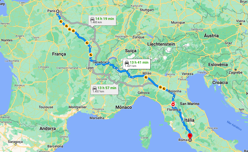 Mapa da viagem de carro de Paris a Roma
