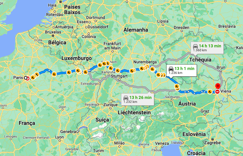 Mapa da viagem de carro de Paris a Viena